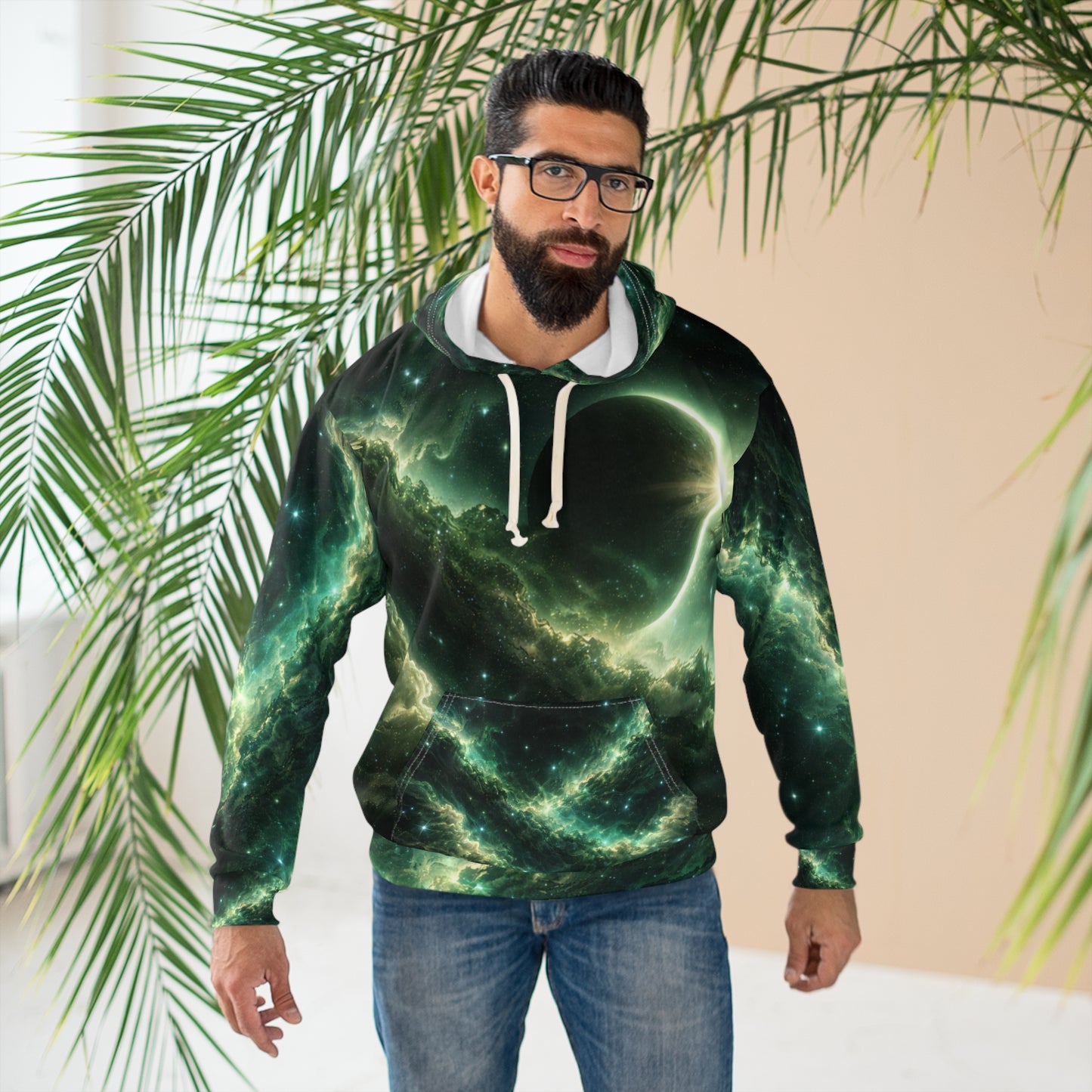 Cosmic Eclipse Pullover Hoodie — Green Galaxy All-Over Print