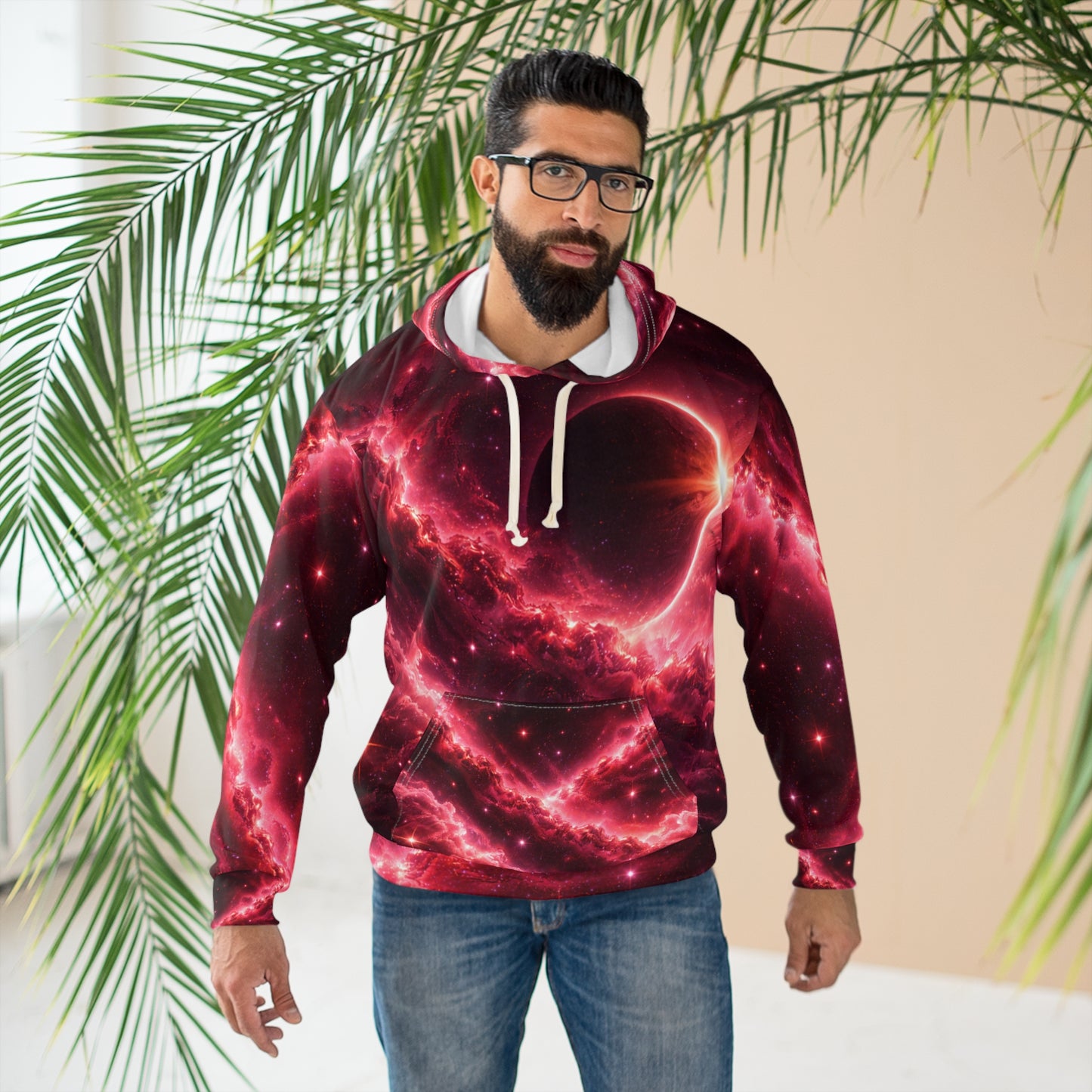 Galaxy Eclipse Pullover Hoodie — Red Nebula Space