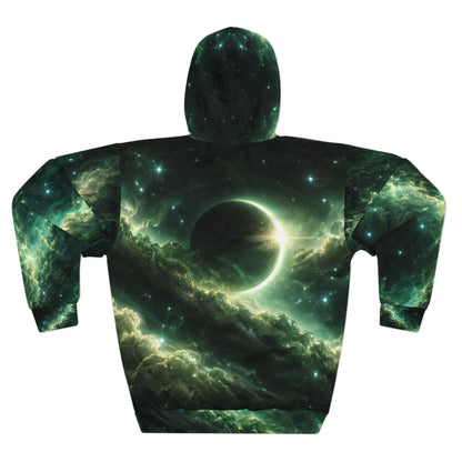 Cosmic Eclipse Pullover Hoodie — Green Galaxy All-Over Print