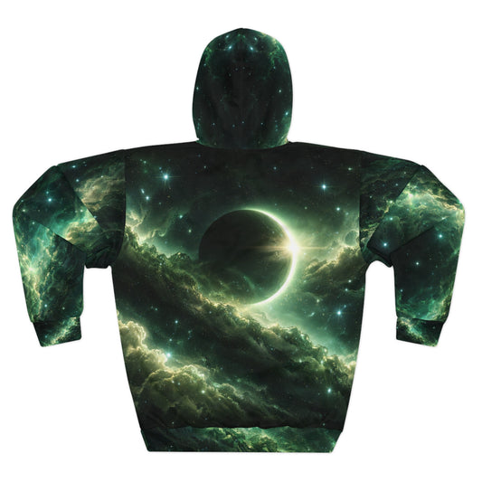 Cosmic Eclipse Pullover Hoodie — Green Galaxy All-Over Print