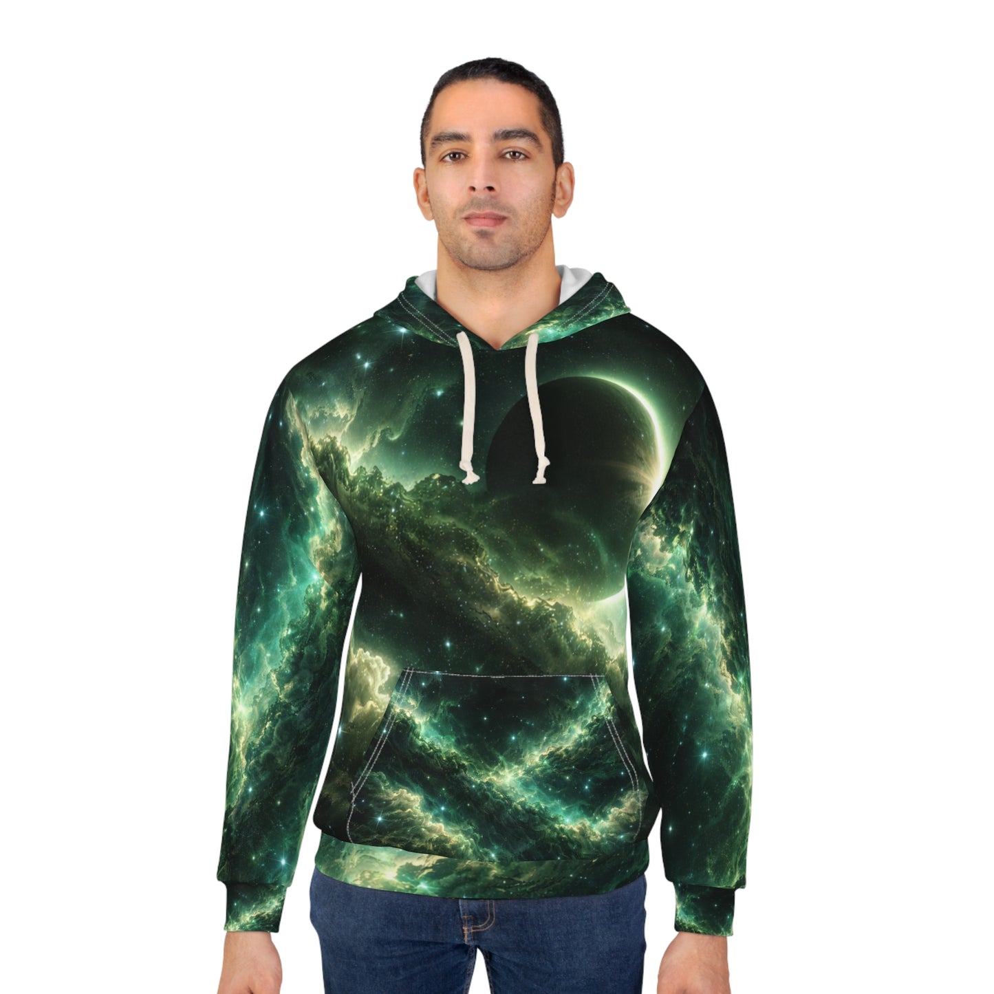 Cosmic Eclipse Pullover Hoodie — Green Galaxy All-Over Print
