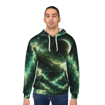 Cosmic Eclipse Pullover Hoodie — Green Galaxy All-Over Print