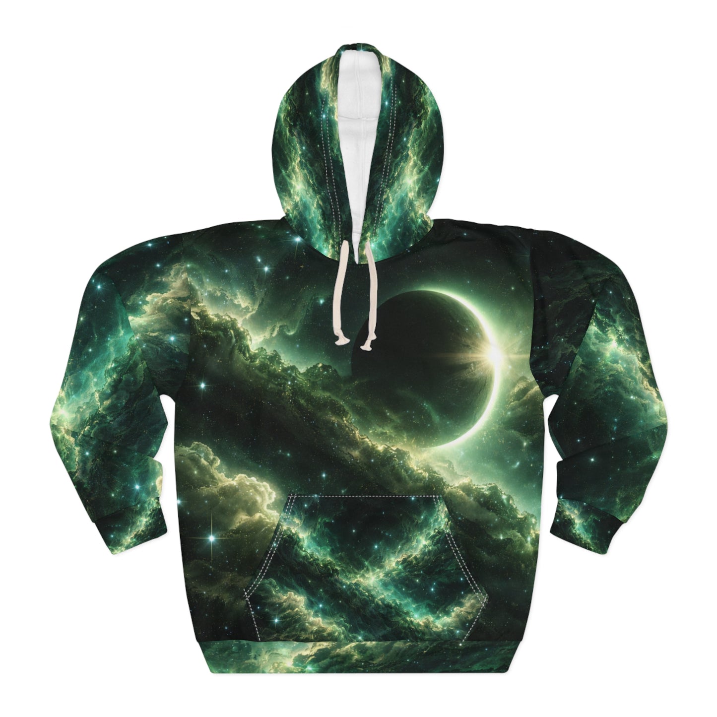 Cosmic Eclipse Pullover Hoodie — Green Galaxy All-Over Print