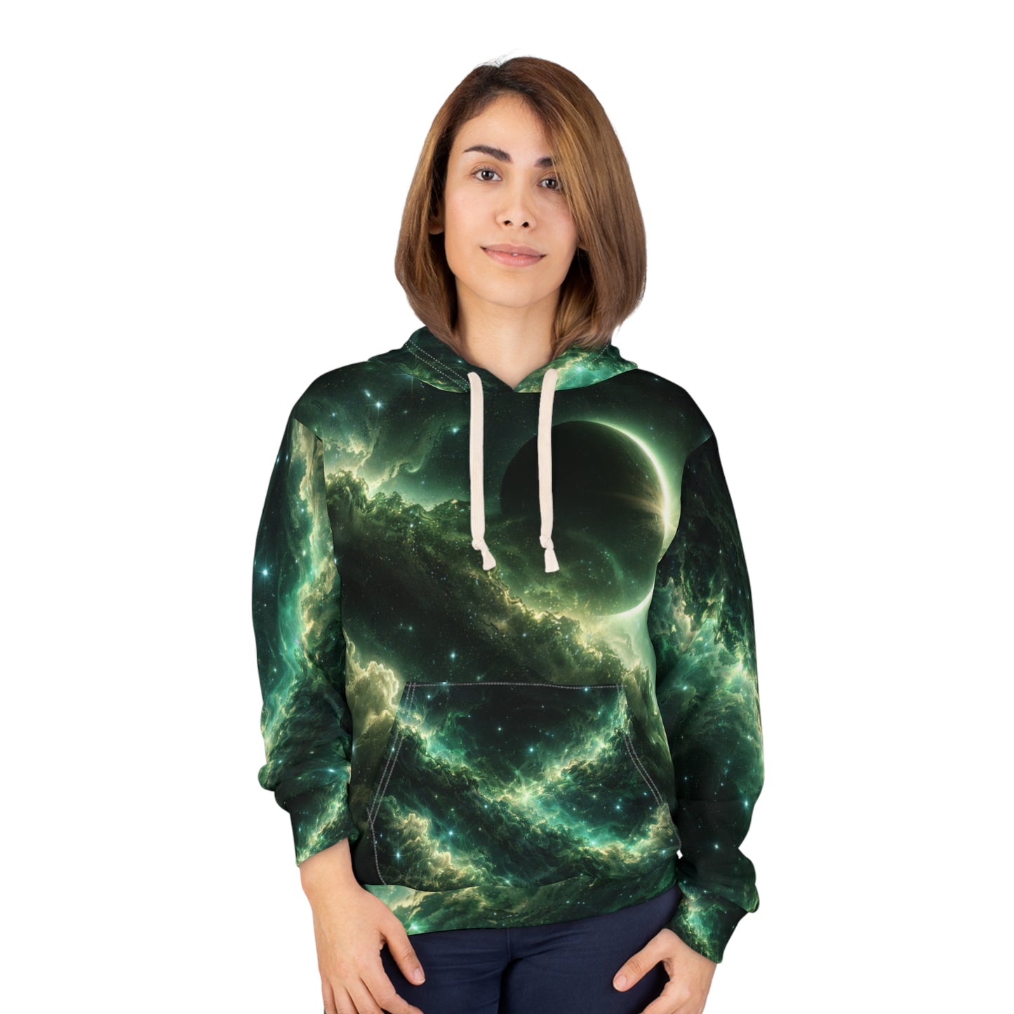 Cosmic Eclipse Pullover Hoodie — Green Galaxy All-Over Print