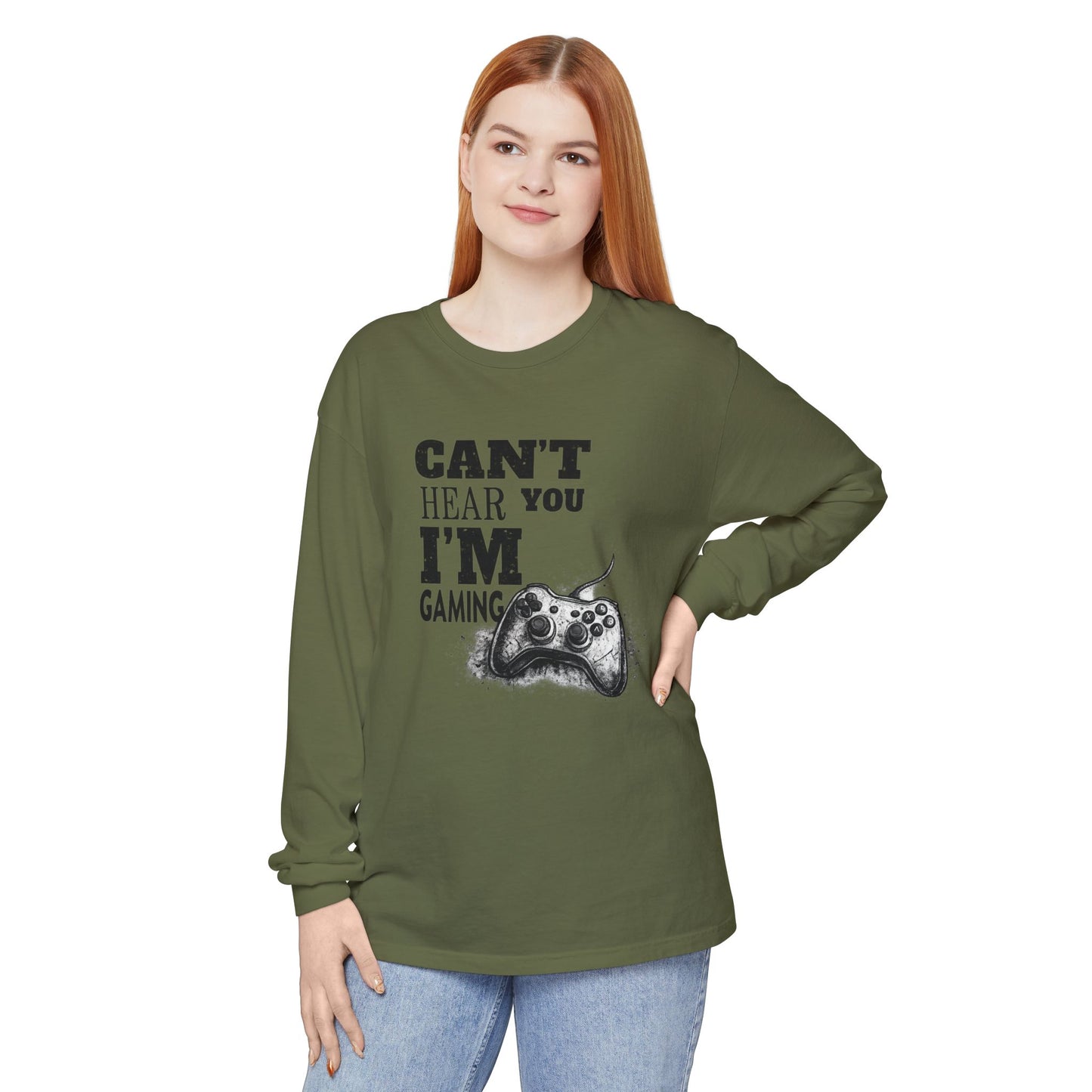 Gaming Long Sleeve Tee — "Can't Hear You I'm Gaming" Printed Graphic
