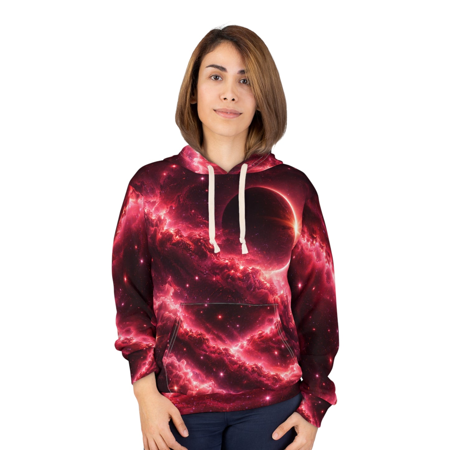Galaxy Eclipse Pullover Hoodie — Red Nebula Space